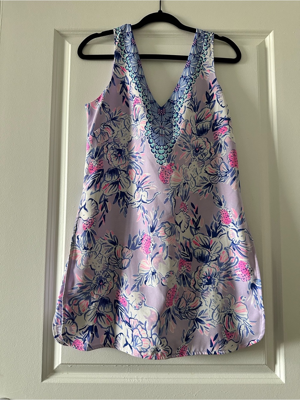 Lilly Pulitzer Floral V-Neck Dress Romper. Light Pink, Navy, Bright Pink